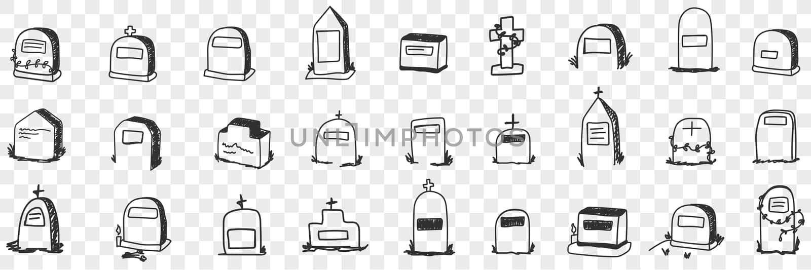 Monument on grave doodle set. Collection of hand drawn various shapes and forms of graves monuments at cemetery for memory isolated on transparent background
