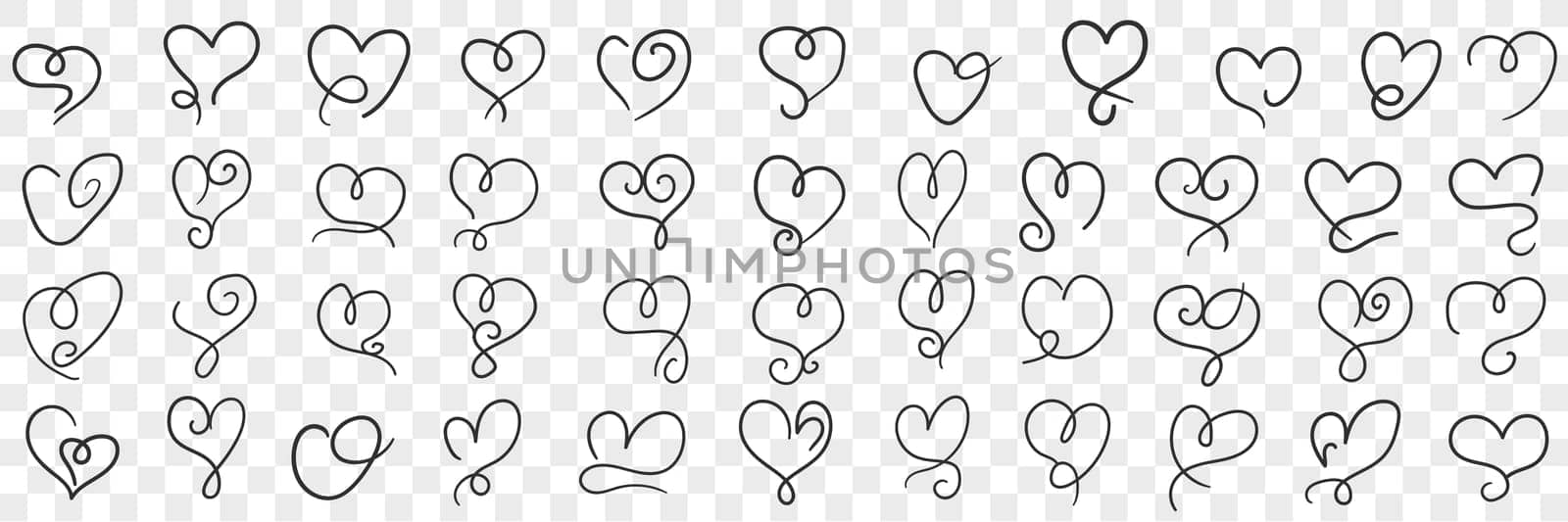 Elegant vintage hearts doodle set. Collection of hand drawn various love symbols hearts with curls lines of different styles and shapes isolated on transparent background