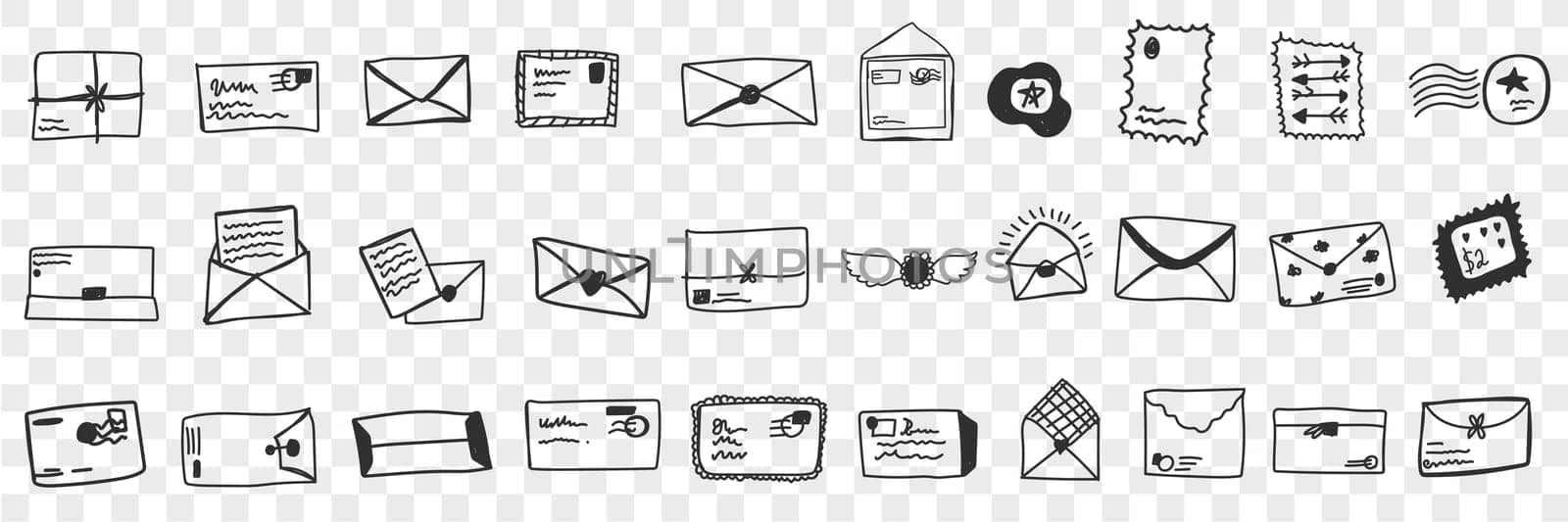 Envelopes with letters doodle set. Collection of hand drawn envelopes with stamps for delivering letters mail and post packages isolated on transparent background