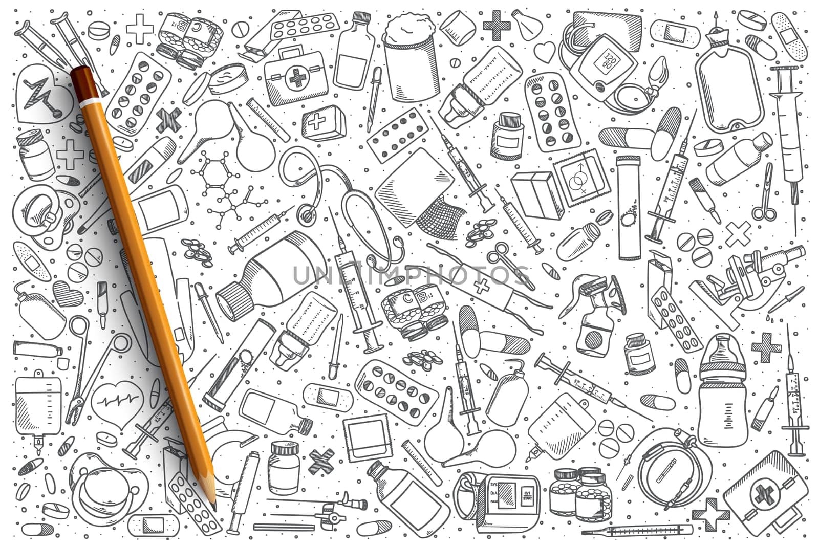 Hand drawn Pharmacy vector doodle set background
