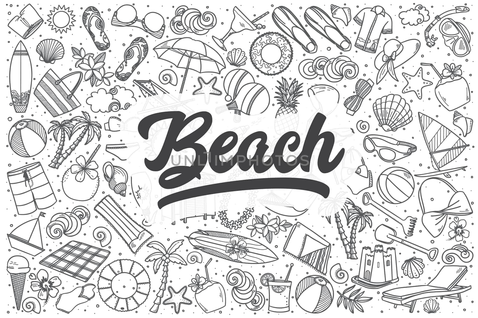 Hand drawn beach doodle set. Lettering - Beach