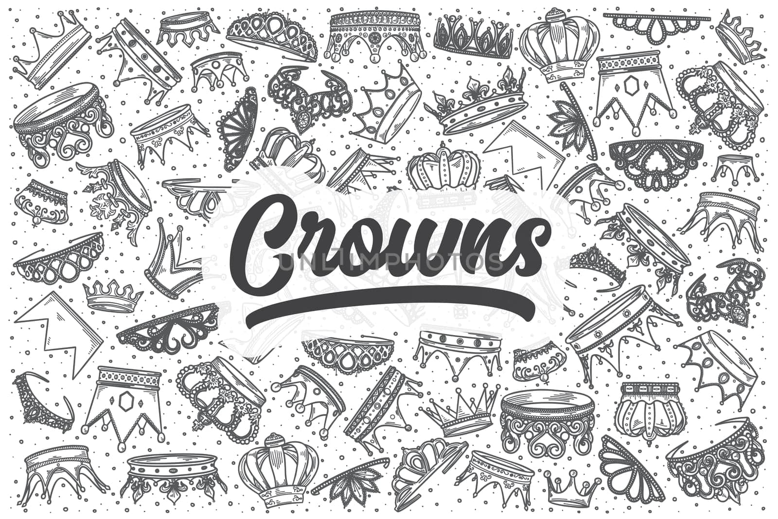 Hand drawn crowns doodle set. Lettering - Crowns