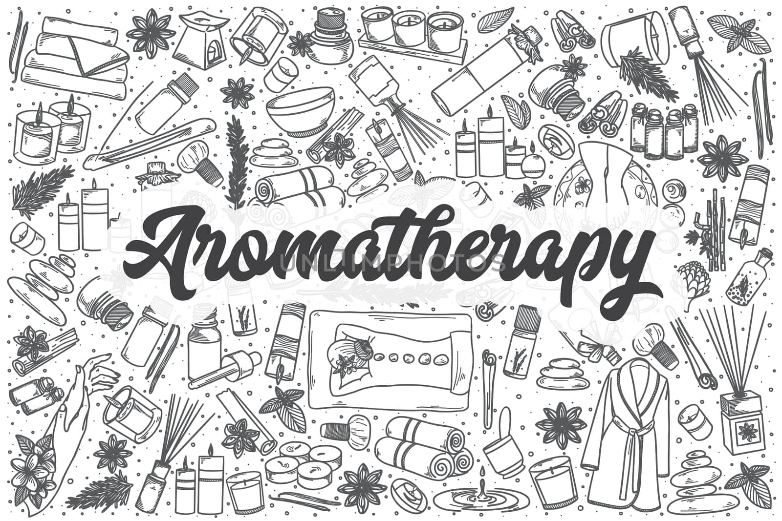 Hand drawn aromatherapy doodle set. Lettering - Aromatherapy