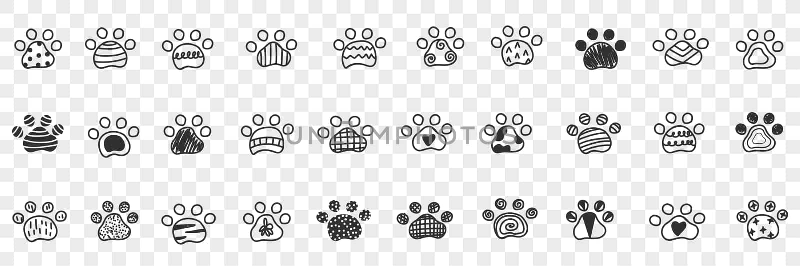 Animals paws footprints doodle set. Collection of hand drawn footprints imprints of animals dogs with various patterns in rows isolated on transparent background