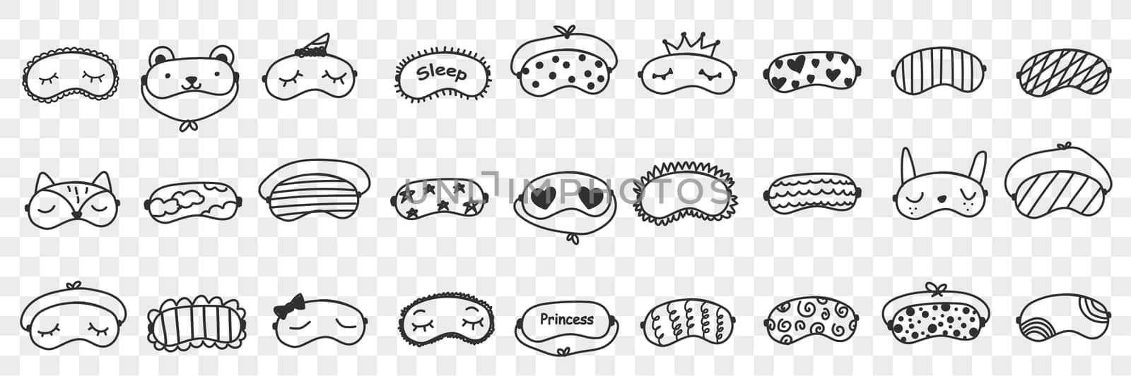 Masks for sleeping doodle set. Collection of hand drawn elegant masks on eyes for comfortable sleeping personal accessories isolated on transparent background
