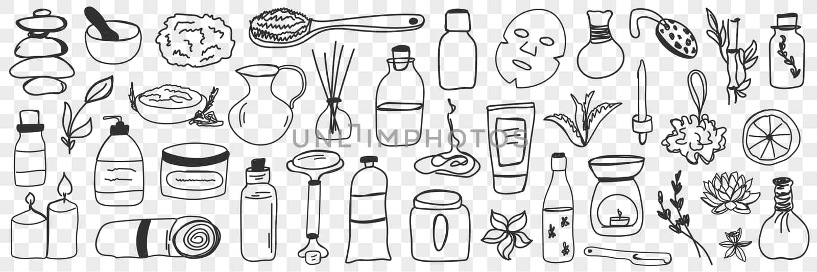 Beauty treatments and cosmetics doodle set. Collection of hand drawn massage oils scrubs masks brush creams towel candles perfume cosmetics for skin and body care isolated on transparent background