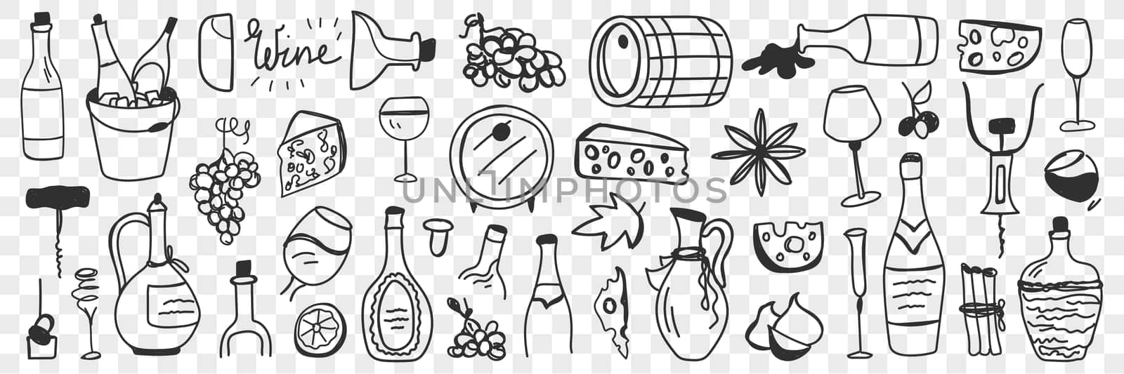 Goods for wine making doodle set. Collection of hand drawn barrels grapes jugs bottles glasses cheese bungs corkscrew bottles for wine producing and tasting isolated on transparent background