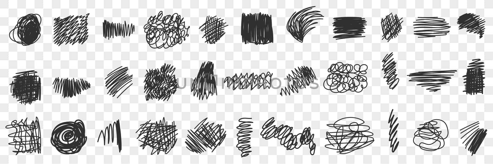 Written by pen or pencil Scribbles drawings doodle set. Collection of hand drawn scribbles of various patterns straight lines geometrical shapes isolated on transparent background