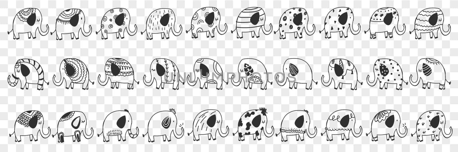 Various elephants animals doodle set. Collection of hand drawn cute funny positive elephants mammals wild animals of different patterns for children books isolated on transparent background