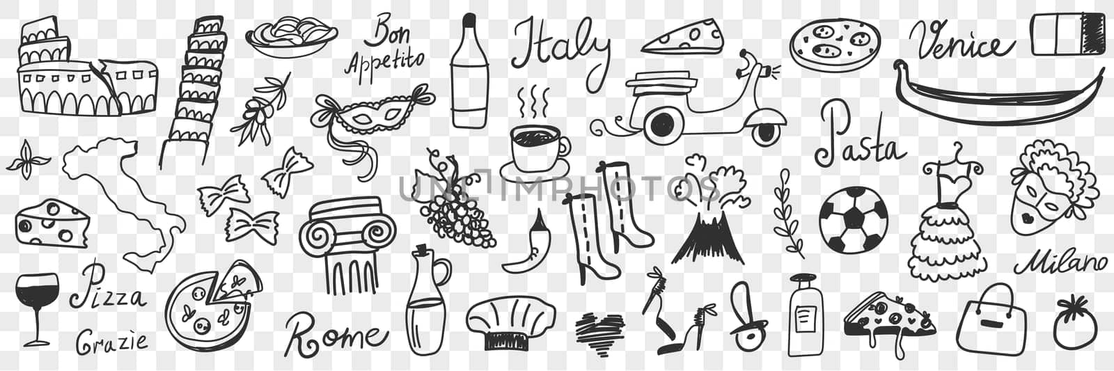 Symbols of Italy doodle set. Collection of hand drawn Italian boots pizza coffee wine sightseeing scooter gondola map mask of carnival cheese volcano pasta isolated on transparent background