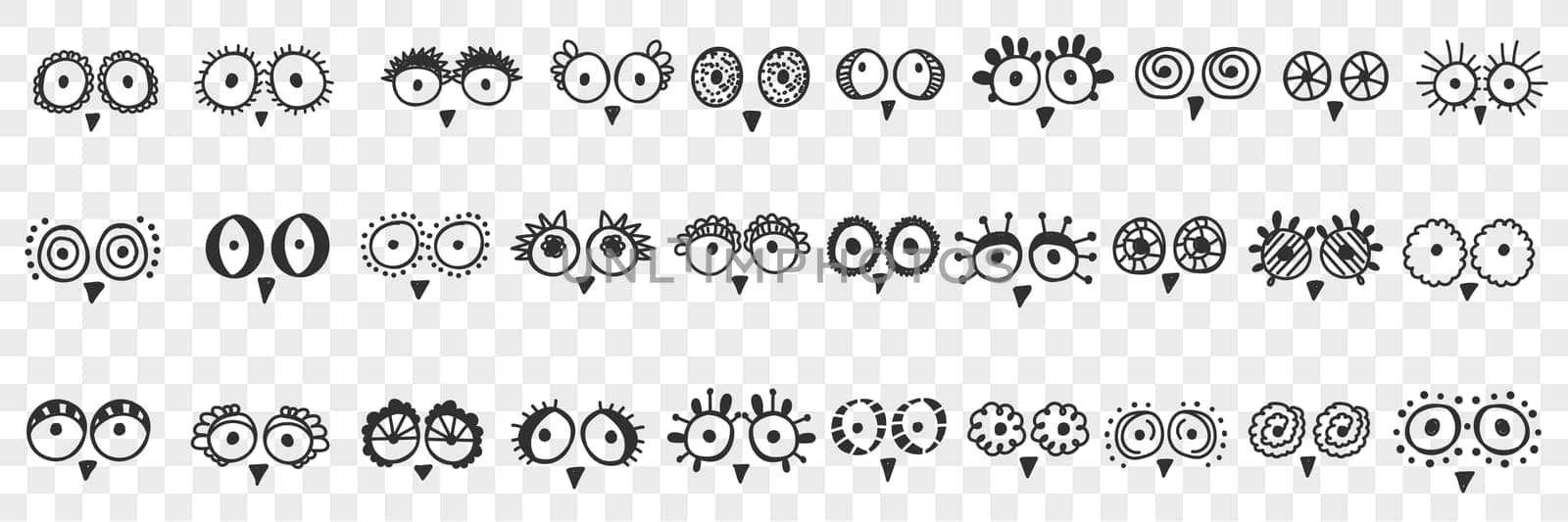 Birds eyes and beak doodle set. Collection of hand drawn cute funny round eyes and beaks of various birds in sketch manner isolated on transparent background