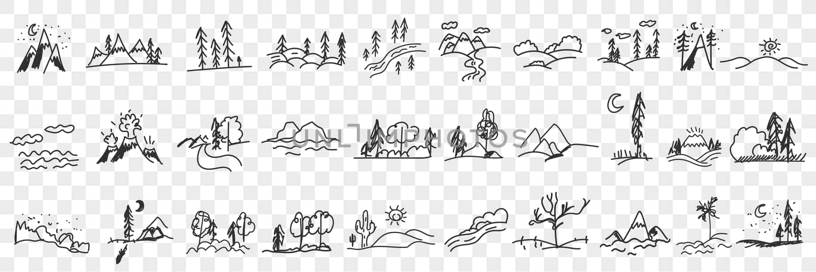 Nature landscapes and scenics doodle set. Collection of hand drawn landscapes of trees forests mountains valleys beach and seascape in silhouettes isolated on transparent background