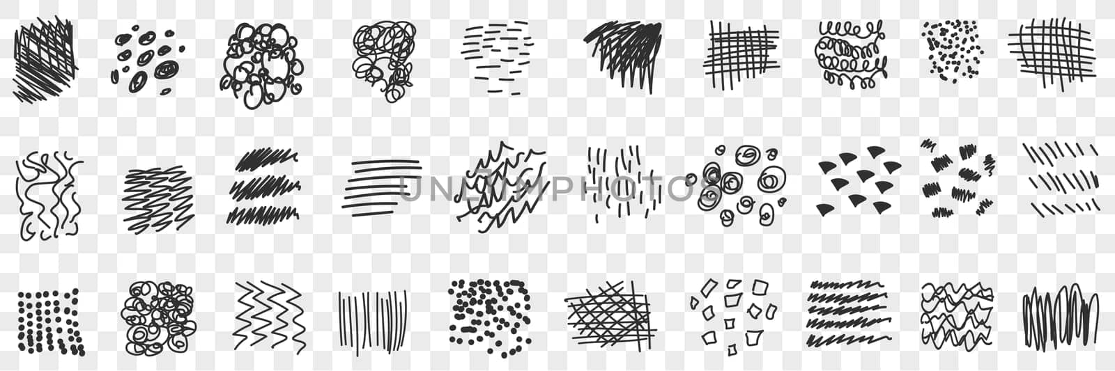 Scribbles lines drawings doodle set. Collection of hand drawn scribbles of various patterns straight and waving lines geometrical shapes isolated on transparent background