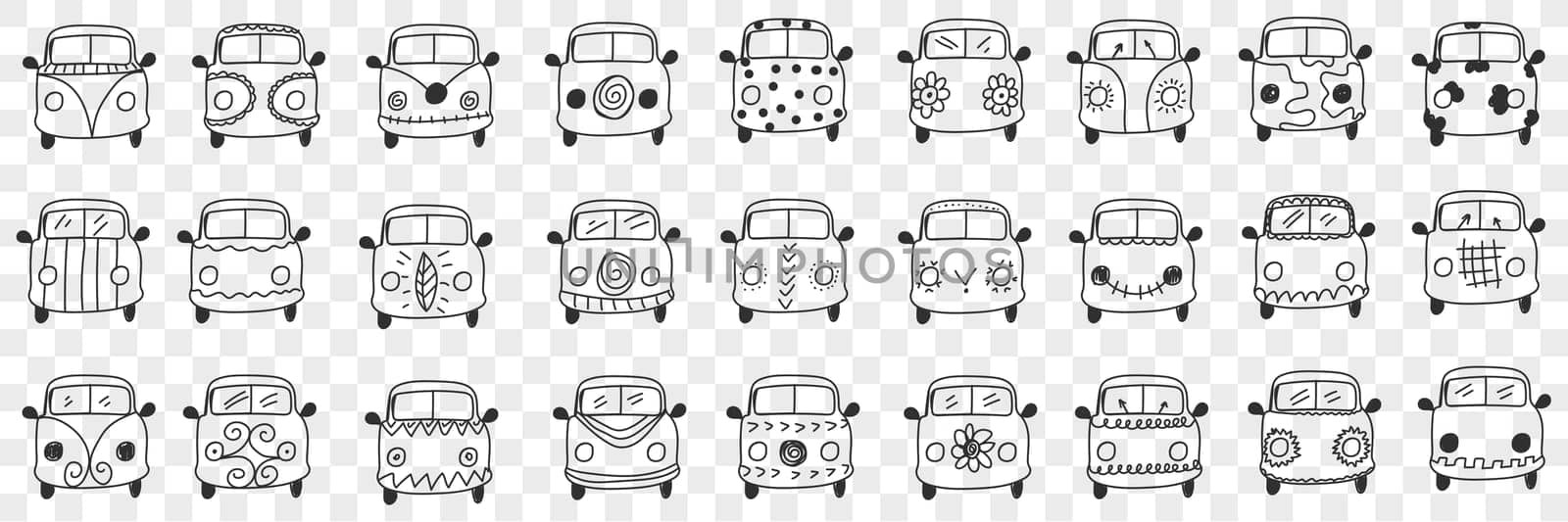 Cars hood and windshield doodle set. Collection of hand drawn cars vehicles hoods and windshields with various patterns and windows isolated on transparent background