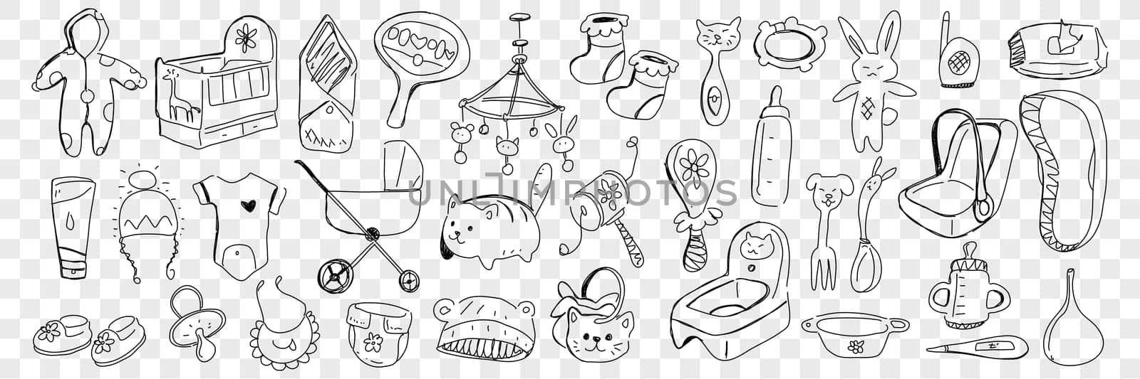 Infant baby accessories and toys doodle set. Collection of hand drawn bed, toy, jumpsuit, stroller, beanbag, nipple, undershirt, diaper isolated on transparent background