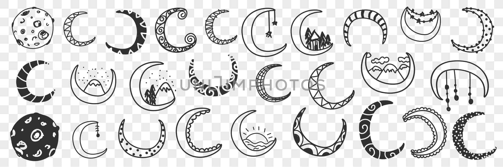 Natural moons pattern doodle set. Collection of hand drawn moons half and full of various patterns and styles decoration isolated on transparent background