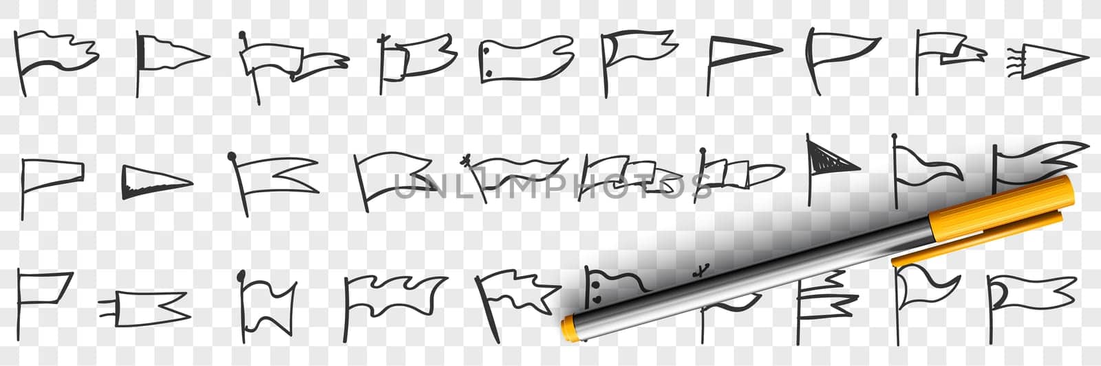 Flags of various shapes doodle set. Collection of hand drawn flags of different sizes blowing on wind with hangers isolated on transparent background