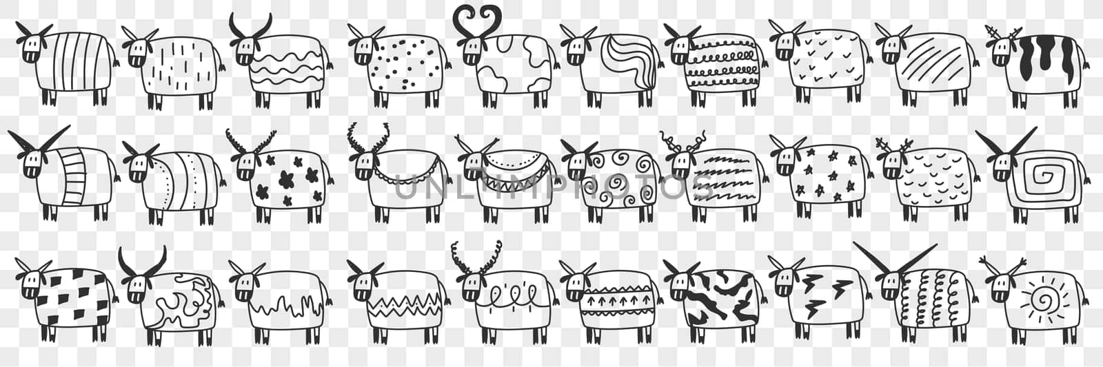 Cute cows in rows doodle set. Collection of hand drawn funny cute cows animals mammals on farm with various patterns on bodies and shapes of horns isolated on transparent background