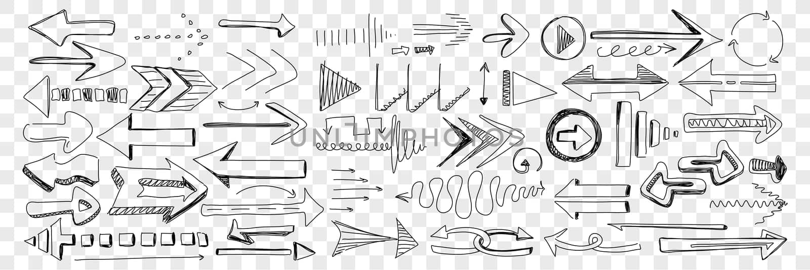 Arrows of different shapes and directions doodle set. Collection of hand drawn arrows left right navigating and attracting attention for orientation help isolated on transparent background