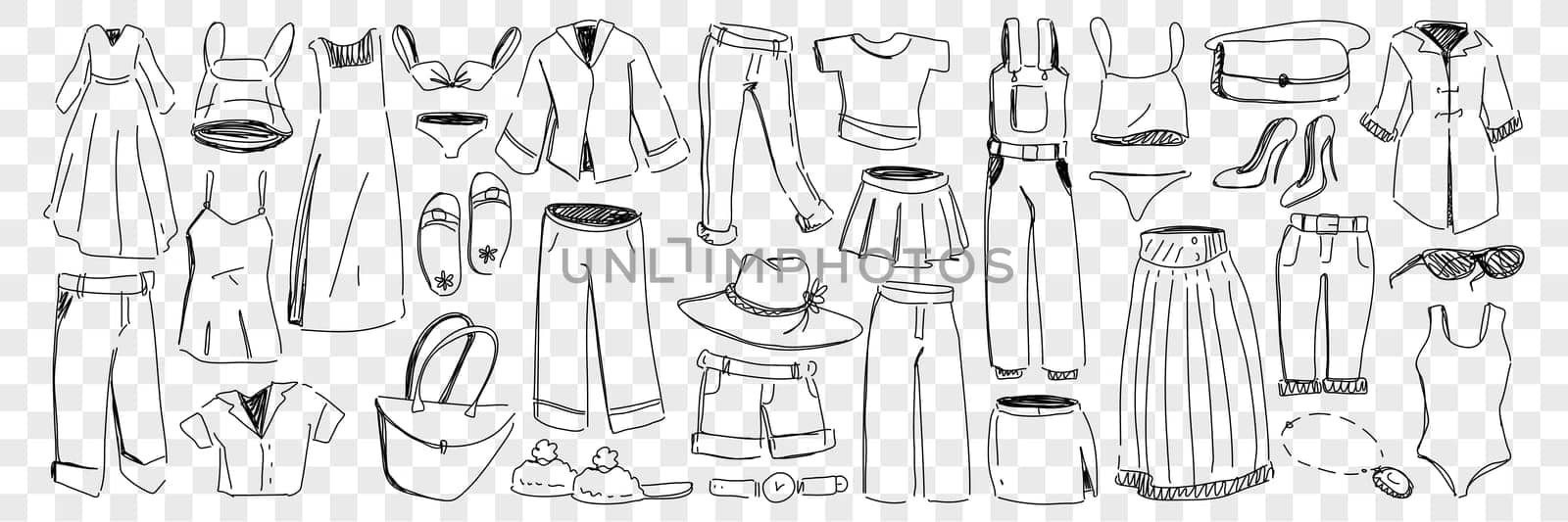 Female and male clothes and accessories doodle set. Collection of hand drawn garment dress pants jacket bags shorts headdress shoes swimwear jumpsuit skirts shirts for wearing isolated on transparent