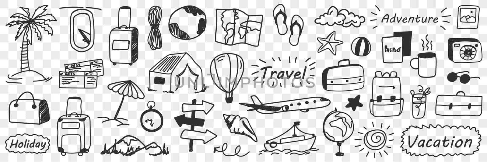 Vacations and adventure doodle set. Collection of hand drawn traveling attributes holidays plane tickets balloon globe camping suitcase sunglasses beach isolated on transparent background