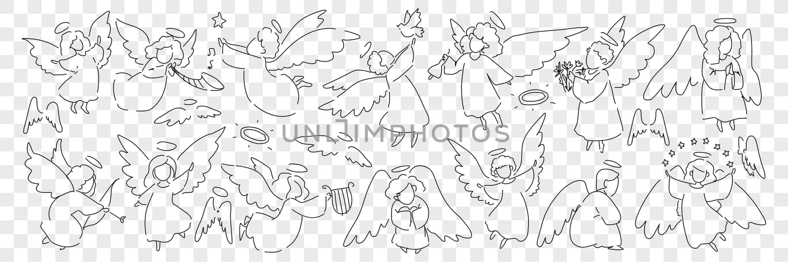 Angel creatures with wings and halo doodle set. Collection of hand drawn looks little angels of saint characters playing musical instruments taking care of birds isolated on transparent background