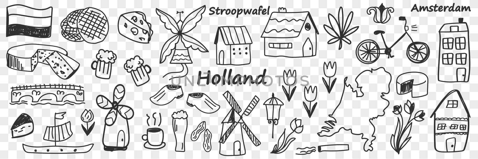 Dutch traditional symbols doodle set. Collection of hand drawn various signs go Holland cheese windmill coffee bike tulip boat beer lamp buildings isolated on transparent background