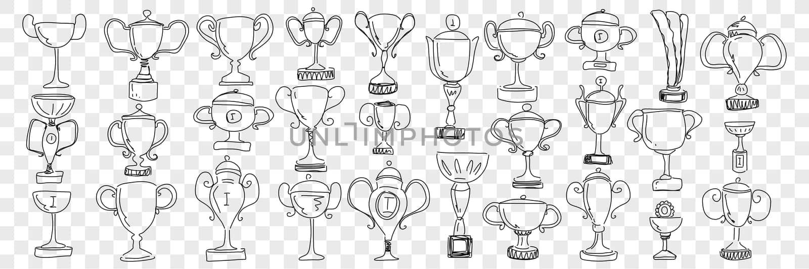 Winners cups and trophies doodle set. Collection of hand drawn golden champion cups trophy for first prize and win in championship or sport competition isolated on transparent background