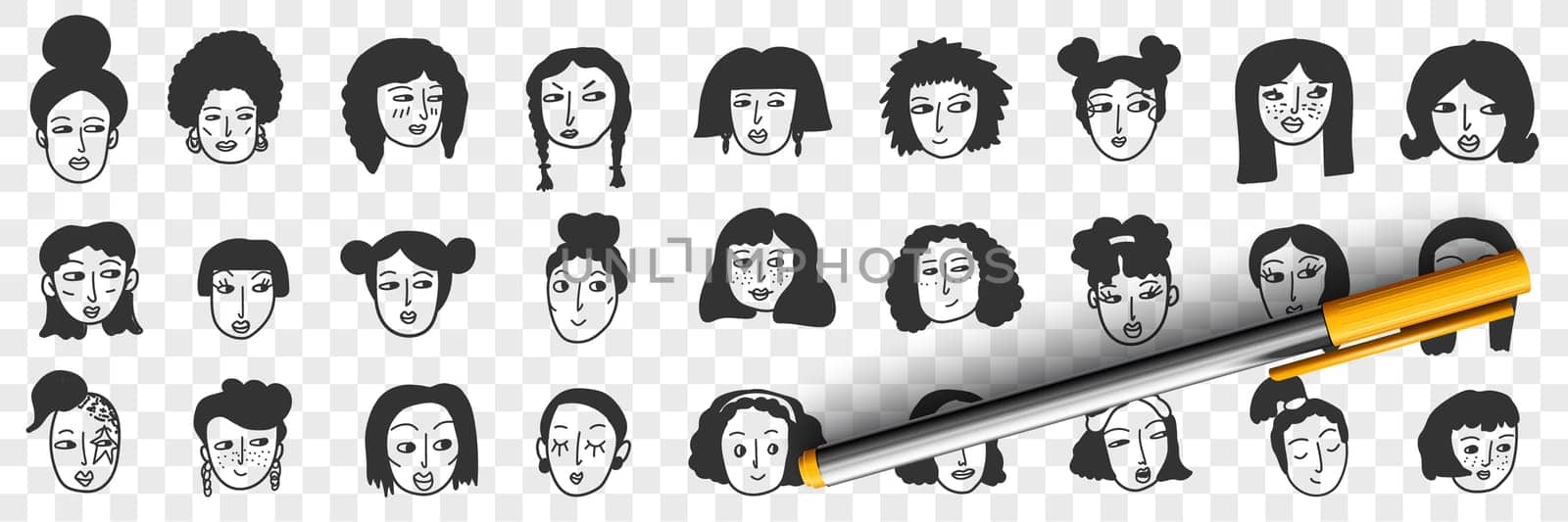 Hairstyle of brunette woman doodle set. Collection of hand drawn female faces with black hair with various short and long straight and curly hairstyles portraits isolated on transparent background