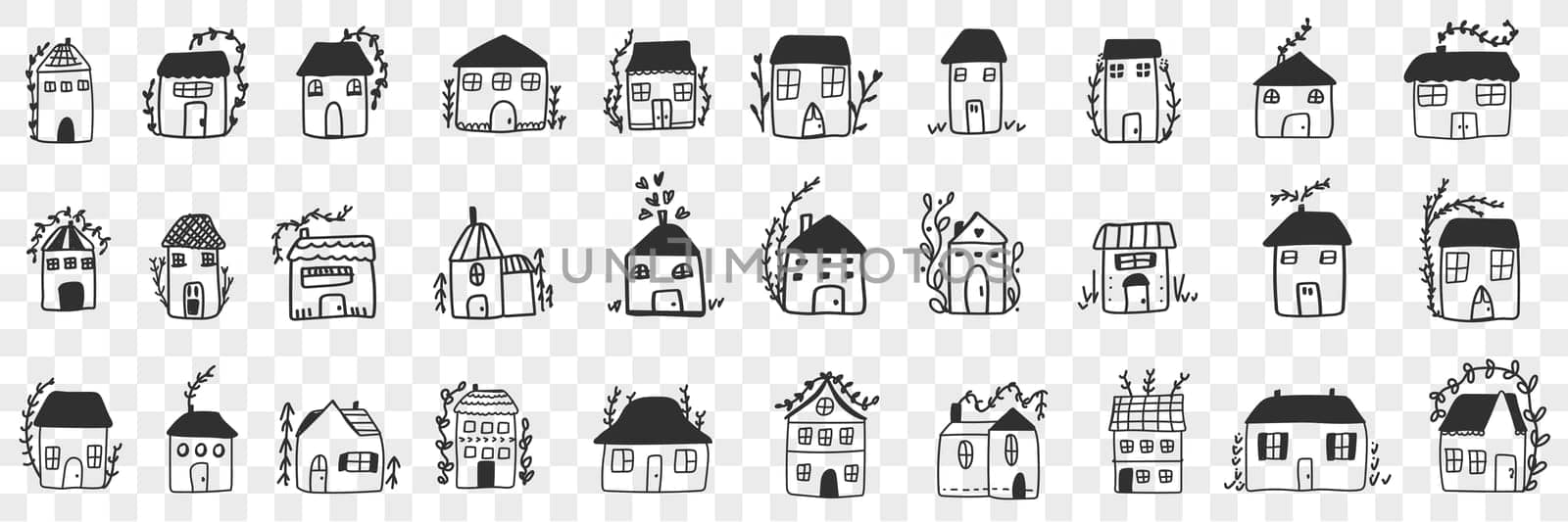 Buildings and houses doodle set. Collection of hand drawn various facades of building houses for family accommodation isolated on transparent background