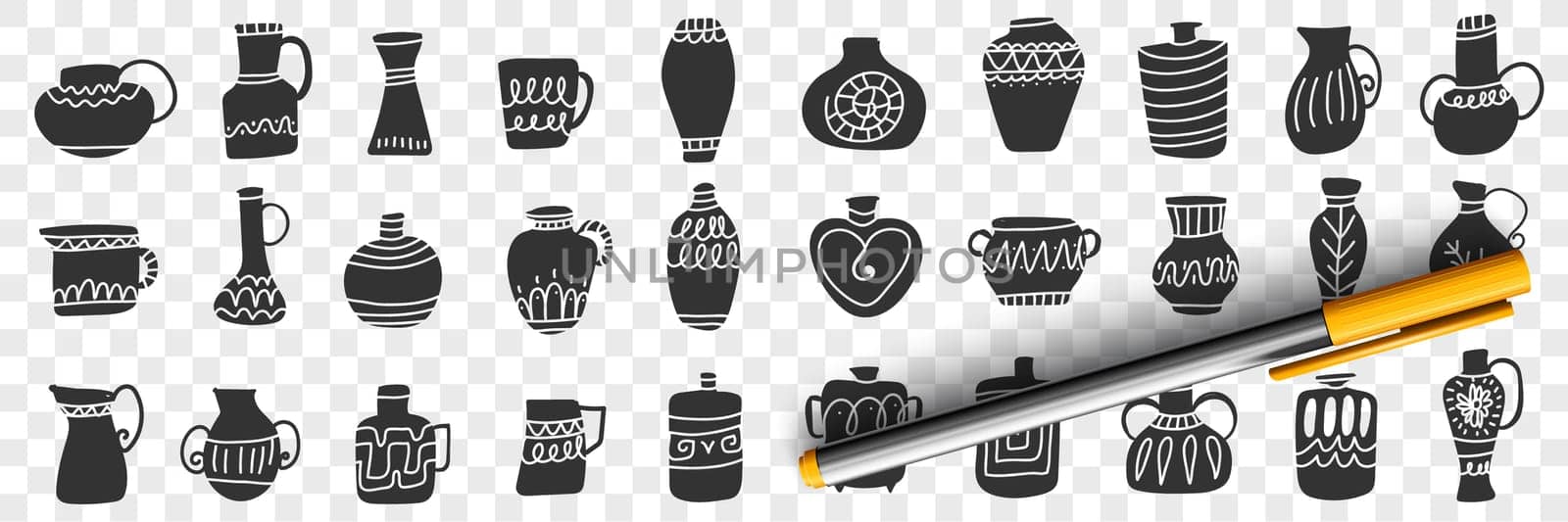 Jugs and containers doodle set. Collection of hand drawn dark silhouettes of clay jugs and mugs of various shapes and styles isolated on transparent background