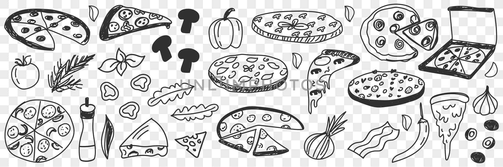 Ingredients for pizza doodle set. Collection of hand drawn tasty cheese vegetables onion pepper salami and pieces of fresh cooked pizza fast food isolated on transparent background