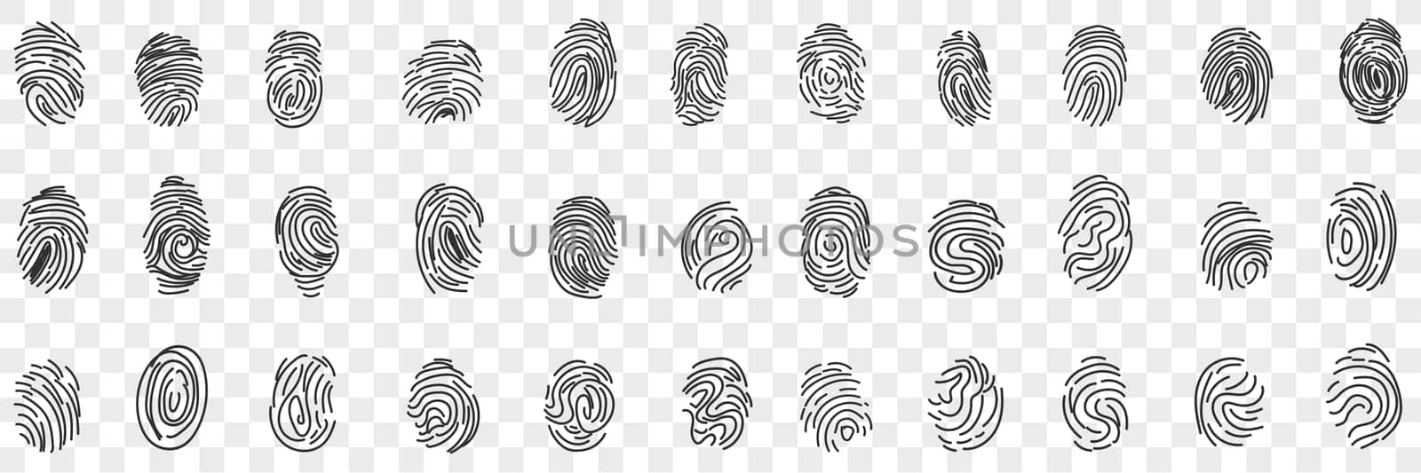 Fingerprints personal identity doodle set. Collection of hand drawn various human fingerprints for identifying person or passport identification or traveling isolated on transparent background