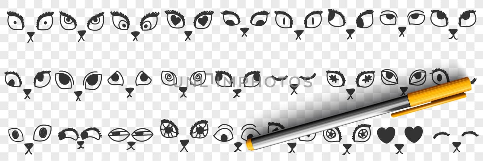Cats eyes and noses doodle set. Collection of hand drawn cute funny eyes nose mouth faces of cats kittens in sketch manner isolated on transparent background