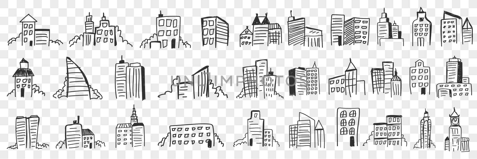 Silhouettes of city skyscrapers doodle set. Collection of hand drawn dark silhouettes of high buildings and landscape of cities and towns urban cityscape isolated on transparent background