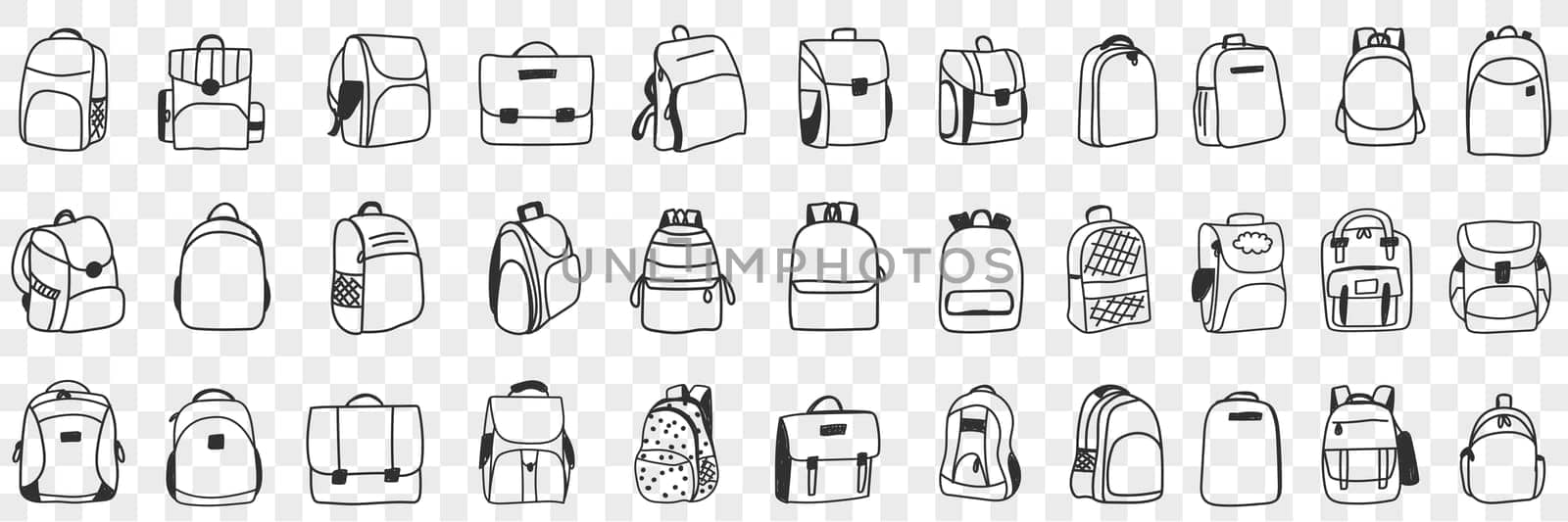 Casual backpacks accessories doodle set. Collection of hand drawn various styles of backpack bags accessories for casual everyday outfit wearing fashion isolated on transparent background