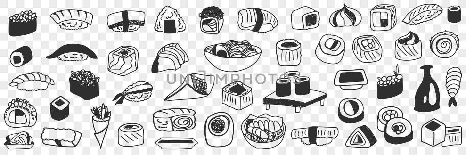 Japanese traditional foods doodle set. Collection of hand drawn asian japanese sushi rolls fish soy sauce gunkan shrimp rice noodles served in restaurants isolated on transparent background