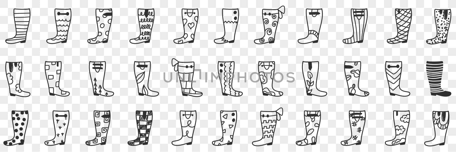 Rubber boots designs doodle set. Collection of hand drawn various designs and patterns of rubber boots for wearing during rainy weather footwear isolated on transparent background