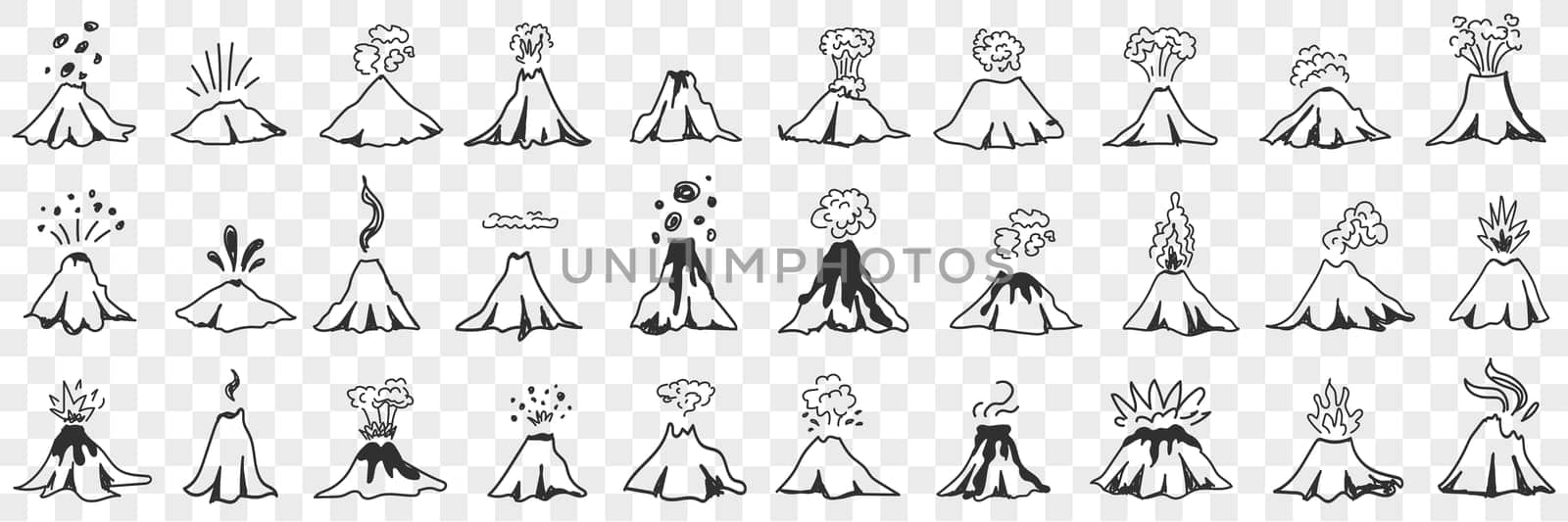 Nature mountain eruption doodle set. Collection of hand drawn natural landscapes mountains peaks with eruption lava magma on earth isolated on transparent background