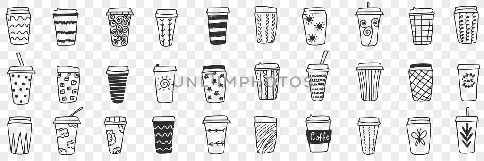 Reusable eco friendly glasses doodle set. Collection of hand drawn glasses and thermos for hot and cold drinks with various patterns eco-friendly cups isolated on transparent background