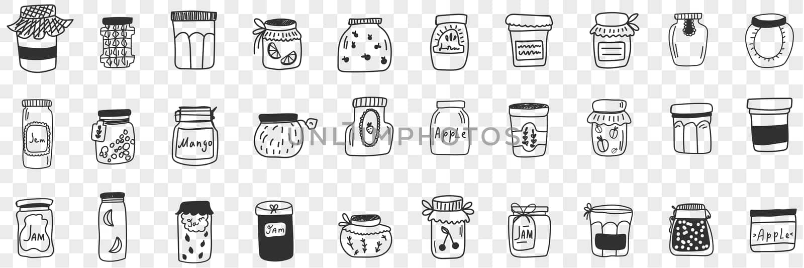 Jars and containers for food doodle set. Collection of hand drawn various shapes and forms of glass jars for keeping preserved food jam grains and cereals isolated on transparent background