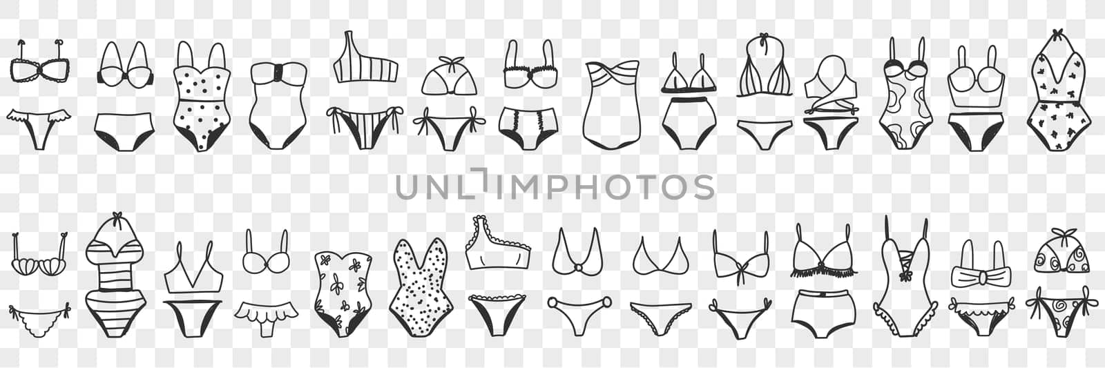 Female bikini swimwear doodle set. Collection of hand drawn elegant casual beachwear bikini swimsuits for wearing on beach for women fashion isolated on transparent background