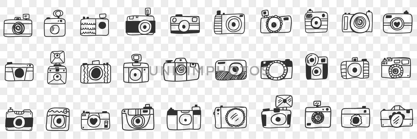 Photo camera with lens doodle set. Collection of hand drawn various photo camera equipment for photographers work isolated on transparent background
