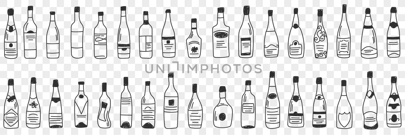 Bottles for alcohol doodle set. Collection of hand drawn various shapes and forms of glass bottle for keeping wine and liquids isolated on transparent background