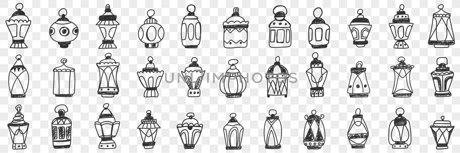 Decorations lamps and shades doodle set. Collection of hand drawn decorative elegant vintage shades with lamps for light and carrying in hand isolated on transparent background