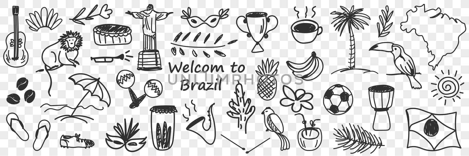 Brazilian traditional symbols doodle set. Collection of hand drawn Brazilian soccer ball, coffee monument monkey guitar pineapple parrot cactus beach isolated on transparent background