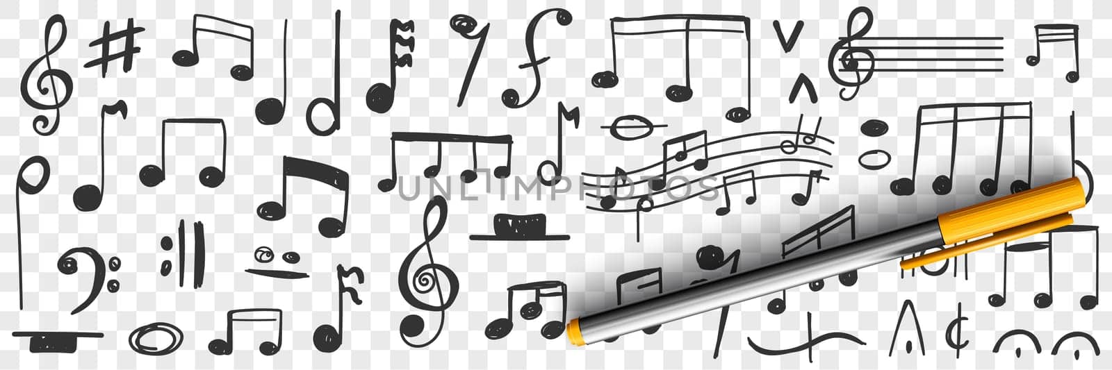 Musical notes drawings doodle set. Collection of hand drawn musical notation with notes treble clef bass clef stave and notes for writing music and education isolated on transparent background