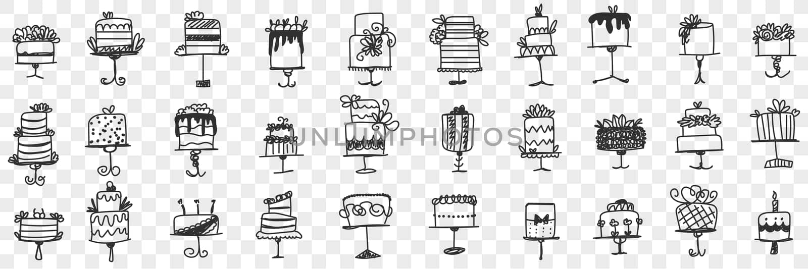Sweet cakes for birthday doodle set. Collection of hand drawn various birthday holiday sweet cakes desserts with cream and decorations isolated on transparent background