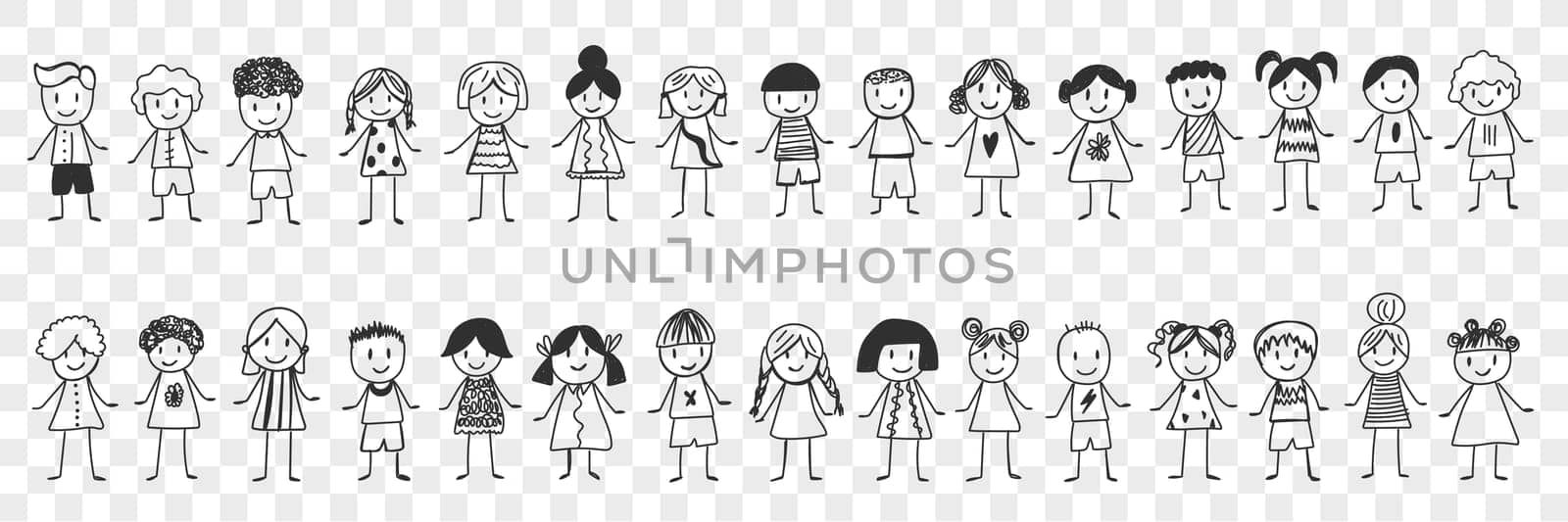 Happy boys and girls doodle set. Collection of hand drawn various smiling children boys and girls standing and feeling cheerful isolated on transparent background