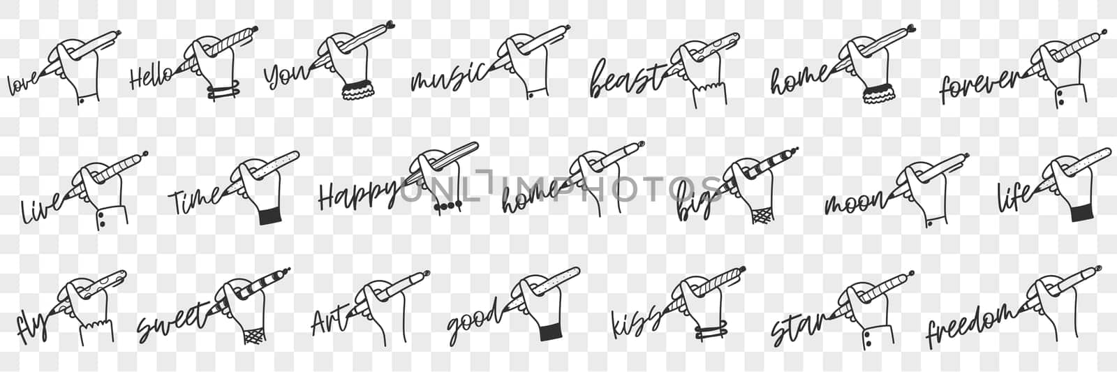 Writing human hand doodle set. Collection of hand drawn human hand writing various words love freedom you forever good sweet fly happy art home time live hello isolated on transparent background